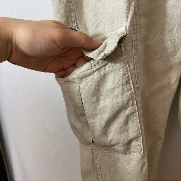 Nicole Miller Linen Lyocell Cuffed Khaki Tan Tapered Straight Leg Cargo Pants - Picture 4 of 12